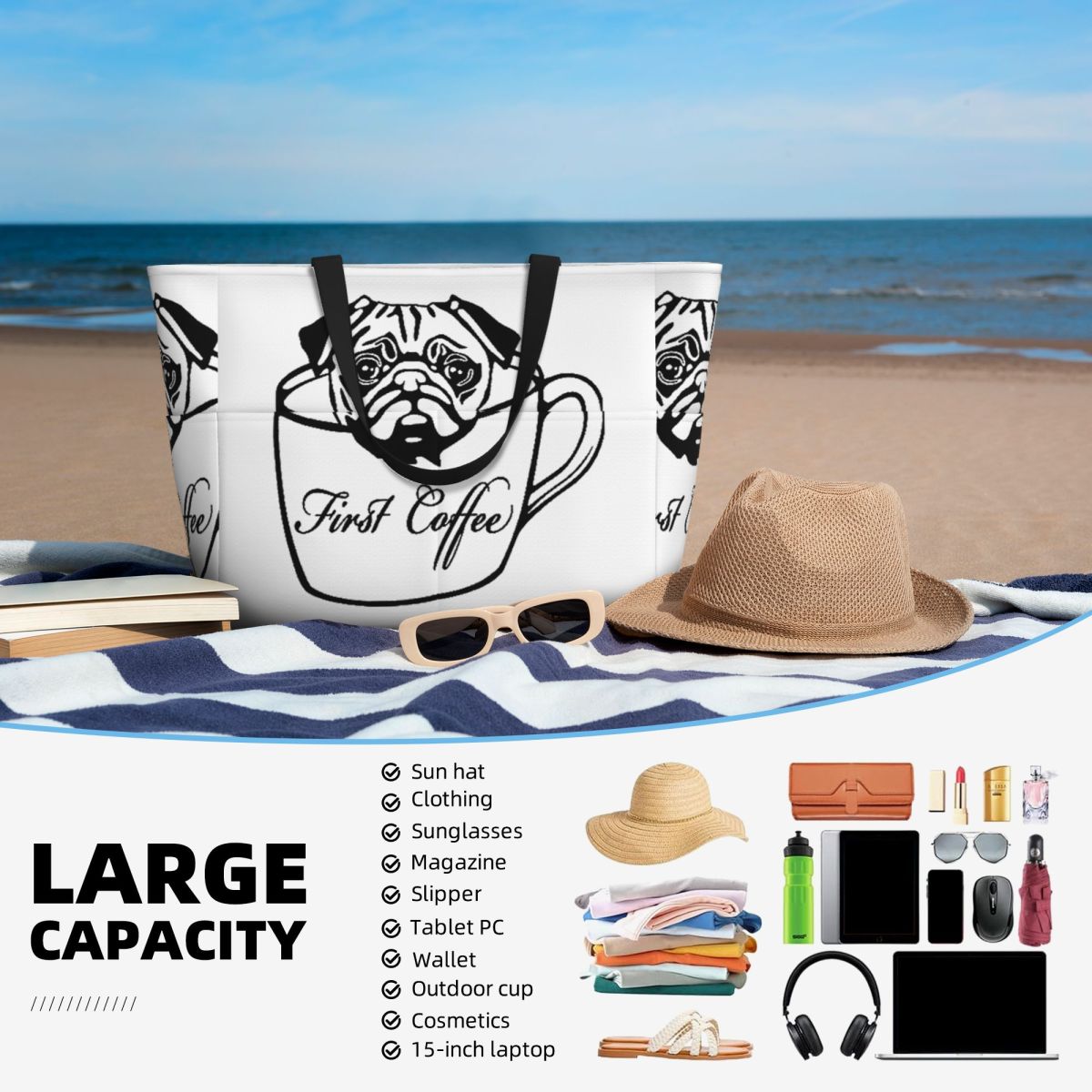 Pug First Coffee Beach Tote Ba - Yoga Fitness First avaliação e preço